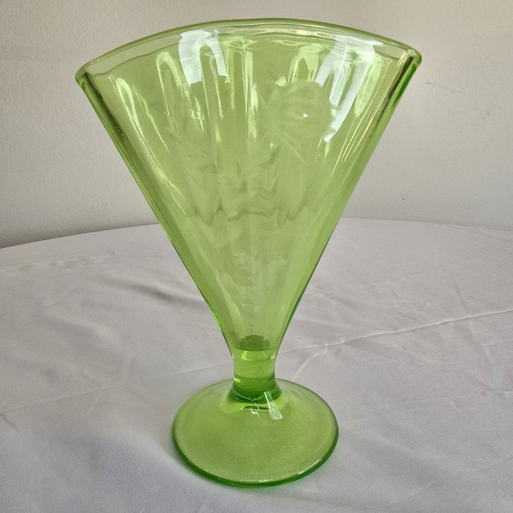 Vintage Green Uranium Glass Fan/ Trumpet Flare Vase W/ wheel cut Floral Motif